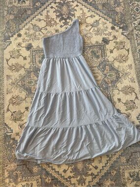 Light Blue One-Shoulder Tiered Maxi Dress